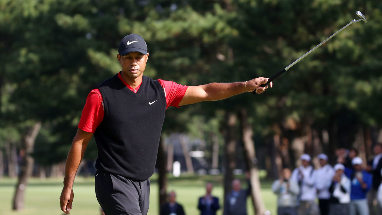 INZAI, JAPAN - OCTOBER 28: Tiger Woods of the United States celebrates winning the tournament on the 18th green during the final round of the Zozo Championship at Accordia Golf Narashino Country Club on October 28, 2019 in Inzai, Chiba, Japan.