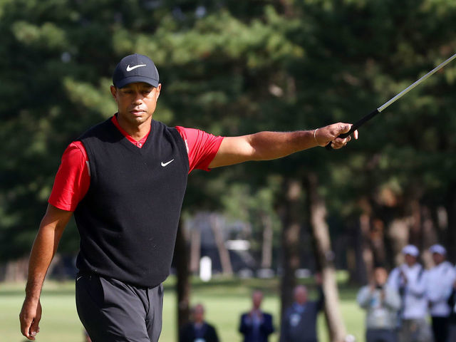 INZAI, JAPAN - OCTOBER 28: Tiger Woods of the United States celebrates winning the tournament on the 18th green during the final round of the Zozo Championship at Accordia Golf Narashino Country Club on October 28, 2019 in Inzai, Chiba, Japan.