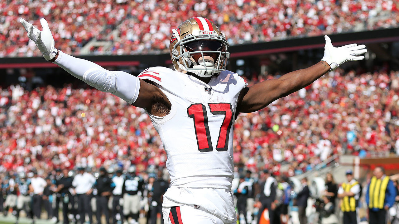 SANTA CLARA, CA - OCTOBER 27: San Francisco wide receiver Emmanuel Sanders (17) celebrates his first touchdown as a 49er during an NFL football game against the Carolina Panthers on October 27, 2019, in Santa Clara, CA.