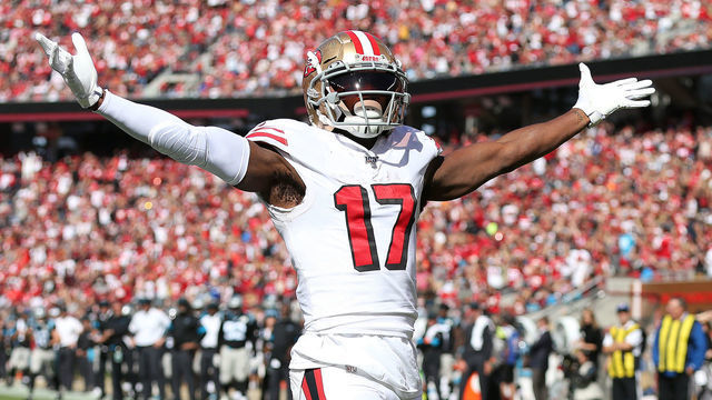 SANTA CLARA, CA - OCTOBER 27: San Francisco wide receiver Emmanuel Sanders (17) celebrates his first touchdown as a 49er during an NFL football game against the Carolina Panthers on October 27, 2019, in Santa Clara, CA.