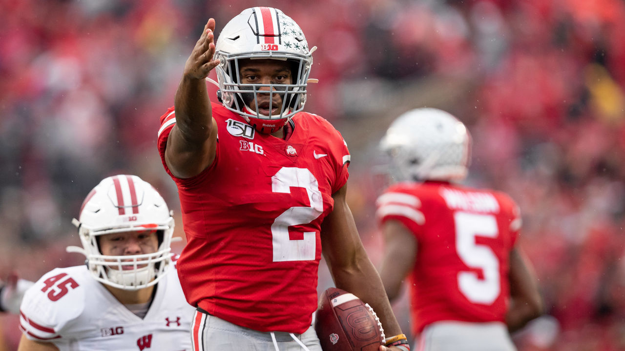 COLUMBUS, OH - OCTOBER 26: J.K. Dobbins #2 of the Ohio State Buckeyes signals a first down after a run during game action between the Ohio State Buckeyes and the Wisconsin Badgers on October 26, 2019, at Ohio Stadium in Columbus, OH.