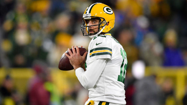GREEN BAY, WISCONSIN - OCTOBER 14: Aaron Rodgers #12 of the Green Bay Packers warms up before the game against the Detroit Lions at Lambeau Field on October 14, 2019 in Green Bay, Wisconsin.