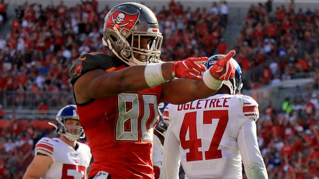 TAMPA, FLORIDA - SEPTEMBER 22: O.J. Howard #80 of the Tampa Bay Buccaneers reacts to a first down during a game against the New York Giants at Raymond James Stadium on September 22, 2019 in Tampa, Florida.