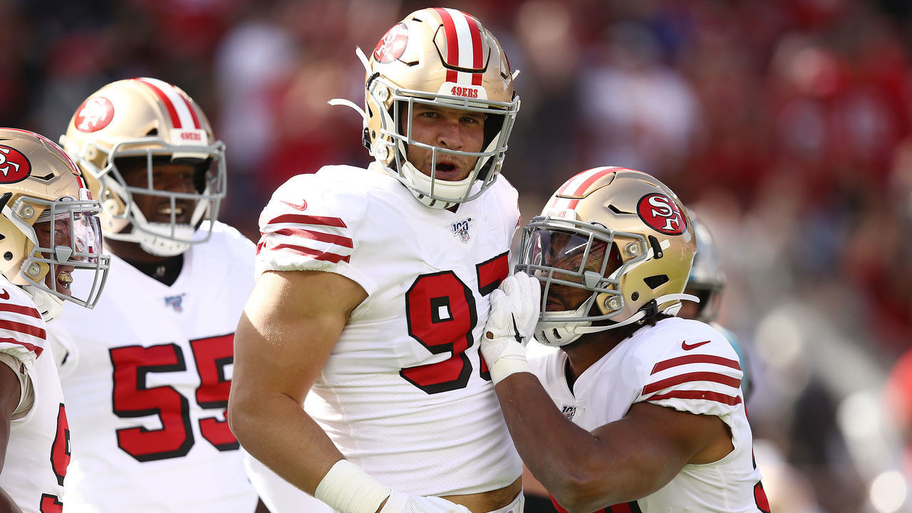 SANTA CLARA, CALIFORNIA - OCTOBER 27: Nick Bosa #97 of the San Francisco 49ers celebrates after sacking Kyle Allen #7 of the Carolina Panthers (not pictured) during the first quarter at Levi's Stadium on October 27, 2019 in Santa Clara, California.