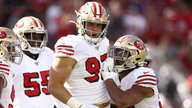 SANTA CLARA, CALIFORNIA - OCTOBER 27: Nick Bosa #97 of the San Francisco 49ers celebrates after sacking Kyle Allen #7 of the Carolina Panthers (not pictured) during the first quarter at Levi's Stadium on October 27, 2019 in Santa Clara, California.