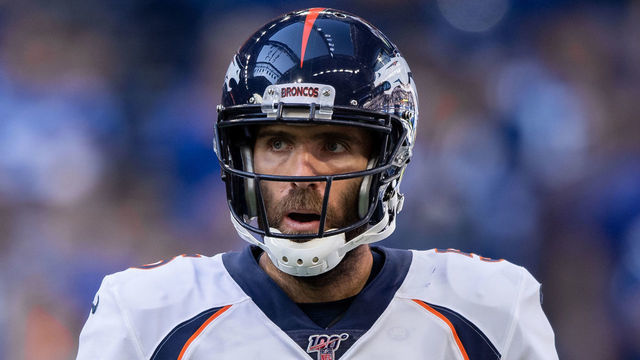 INDIANAPOLIS, IN - OCTOBER 27: Denver Broncos quarterback Joe Flacco (5) walks to the sidelines during the NFL game between the Denver Broncos and the Indianapolis Colts on October 27, 2019 at Lucas Oil Stadium, in Indianapolis, IN.