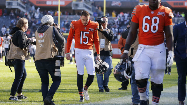 CHICAGO, ILLINOIS - OCTOBER 27: Eddy Pineiro #15 of the Chicago Bears walks off the field following his team's loss to the Los Angeles Chargers at Soldier Field on October 27, 2019 in Chicago, Illinois.
