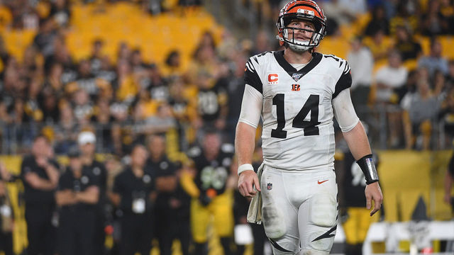 PITTSBURGH, PA - SEPTEMBER 30: Andy Dalton #14 of the Cincinnati Bengals walks off the field after being stopped on a fourth down play in the second half during the game against the Pittsburgh Steelers at Heinz Field on September 30, 2019 in Pittsburgh, Pennsylvania.