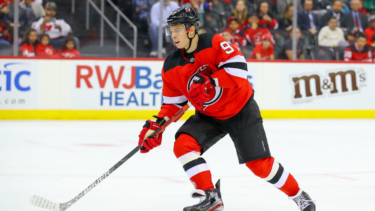 NEWARK, NJ - OCTOBER 14: New Jersey Devils left wing Nikita Gusev (97) skates during the National Hockey League game between the New Jersey Devils and the Florida Panthers on October 14, 2019 at the Prudential Center in Newark, NJ.