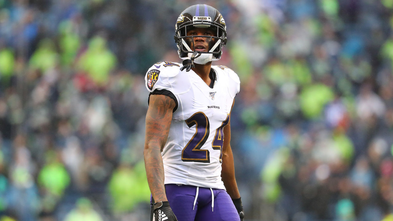 SEATTLE, WASHINGTON - OCTOBER 20: Marcus Peters #24 of the Baltimore Ravens looks on against the Seattle Seahawks in the fourth quarter during their game at CenturyLink Field on October 20, 2019 in Seattle, Washington.