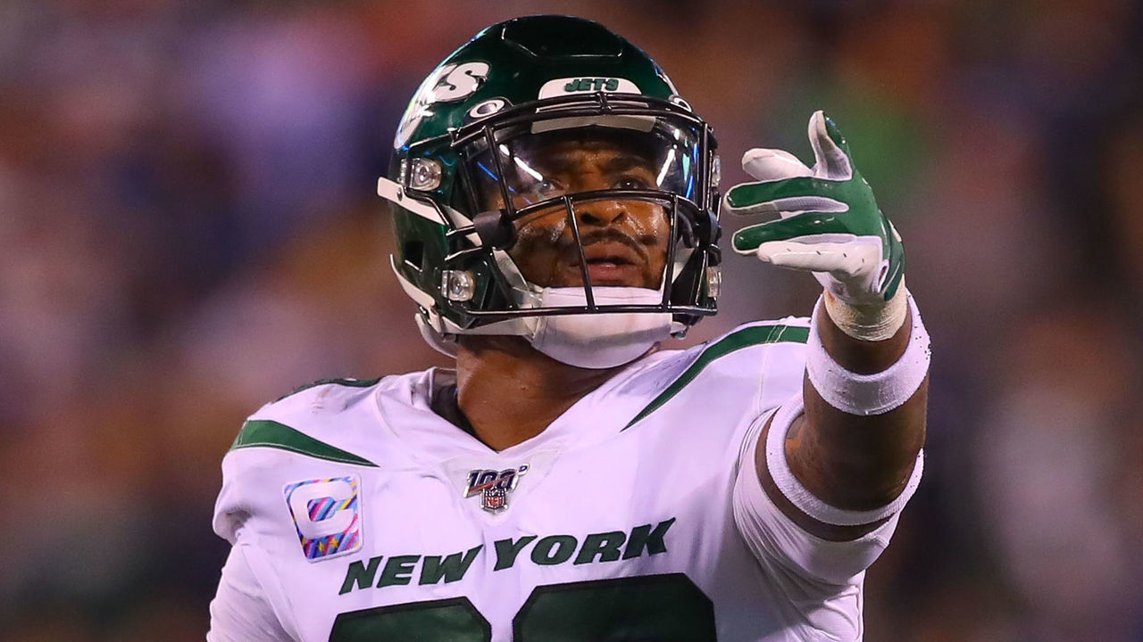 EAST RUTHERFORD, NJ - OCTOBER 13: New York Jets strong safety Jamal Adams (33) points up to the video board to Referee Bradley Rogers (126) during the National Football League game between the New York Jets and the Dallas Cowboys on October 13, 2019 at MetLife Stadium in East Rutherford, NJ.