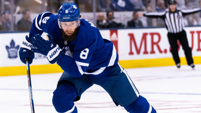 TORONTO, ON - OCTOBER 21: Toronto Maple Leafs defenseman Jake Muzzin #8 skates against the Columbus Blue Jackets during the first period at the Scotiabank Arena on October 21, 2019 in Toronto, Ontario, Canada.