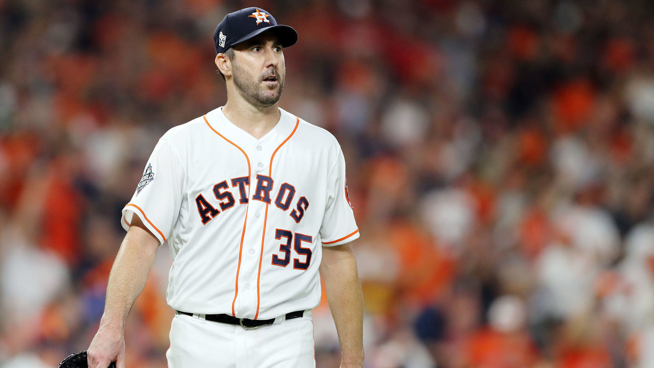 HOUSTON, TEXAS - OCTOBER 29: Justin Verlander #35 of the Houston Astros reacts against the Washington Nationals during the fourth inning in Game Six of the 2019 World Series at Minute Maid Park on October 29, 2019 in Houston, Texas.