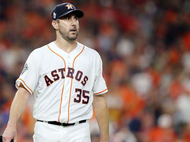 HOUSTON, TEXAS - OCTOBER 29: Justin Verlander #35 of the Houston Astros reacts against the Washington Nationals during the fourth inning in Game Six of the 2019 World Series at Minute Maid Park on October 29, 2019 in Houston, Texas.