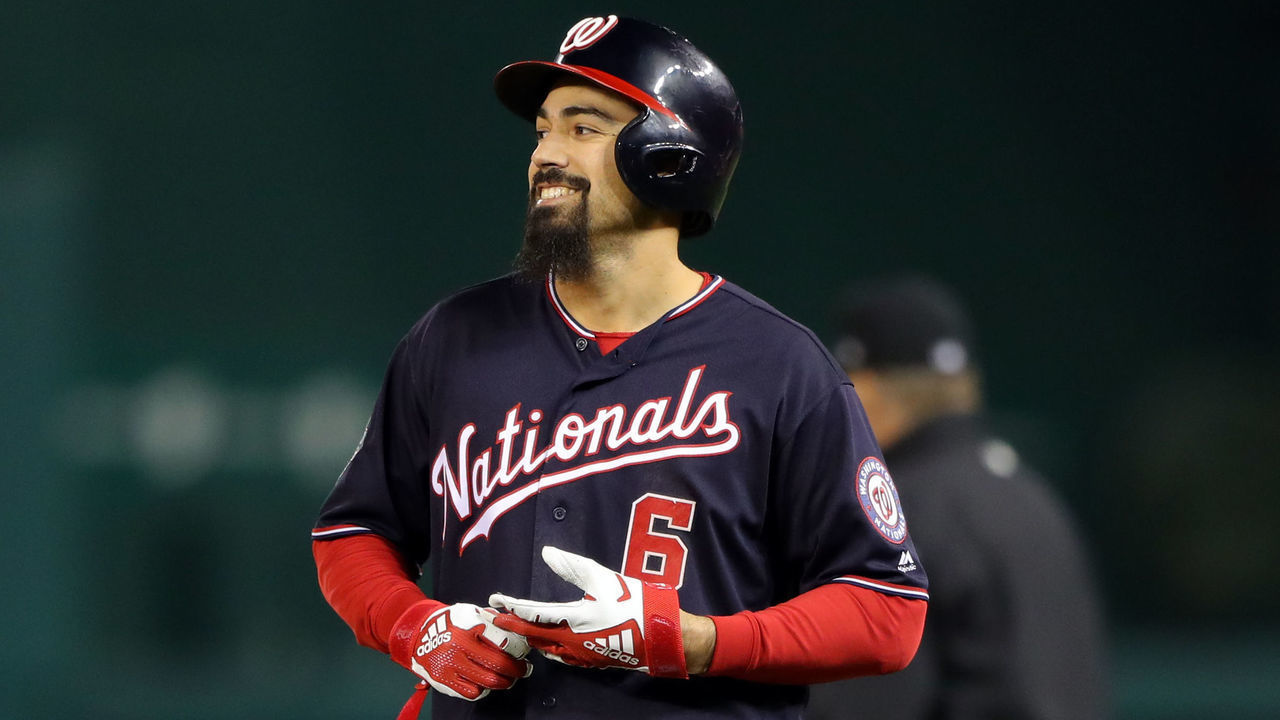 WASHINGTON, DC - OCTOBER 26: Anthony Rendon #6 of the Washington Nationals smiles after singling in the sixth inning to load the bases during Game 4 of the 2019 World Series between the Houston Astros and the Washington Nationals at Nationals Park on Saturday, October 26, 2019 in Washington, District of Columbia.