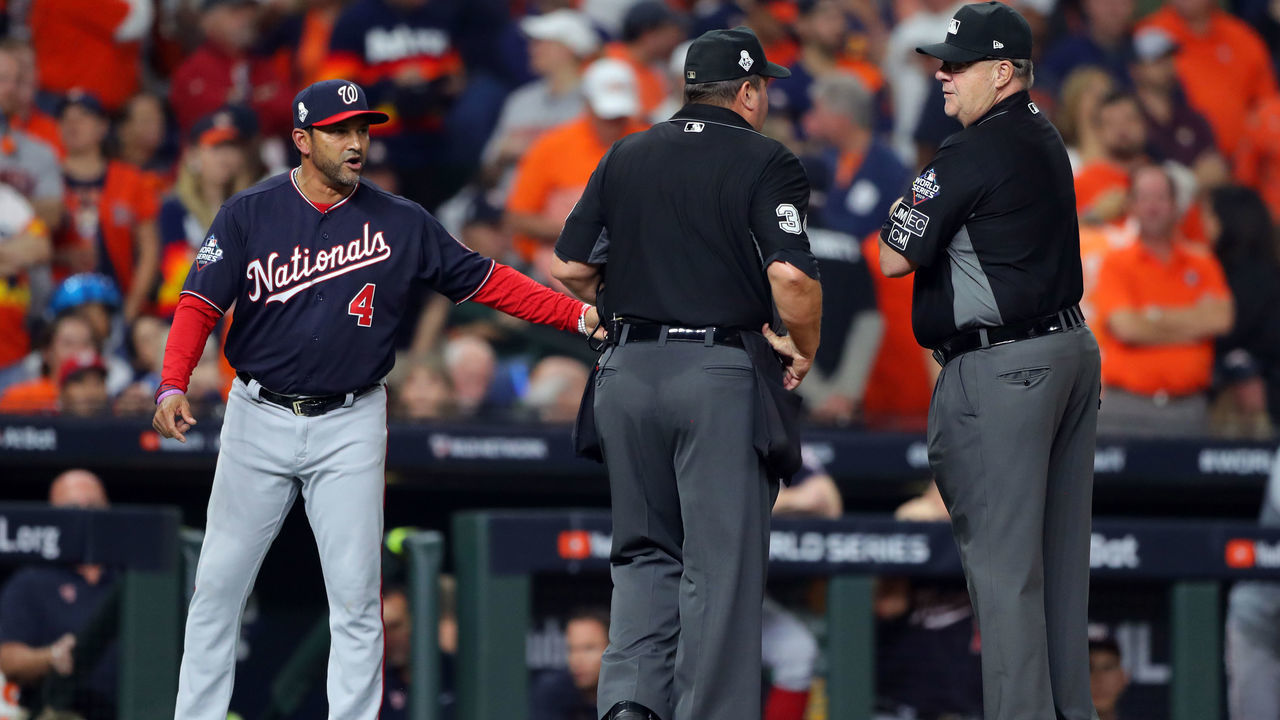 HOUSTON, TX - OCTOBER 29: Washington Nationals manager Dave Martinez #4 argues a call during Game 6 of the 2019 World Series between the Washington Nationals and the Houston Astros at Minute Maid Park on Tuesday, October 29, 2019 in Houston, Texas.