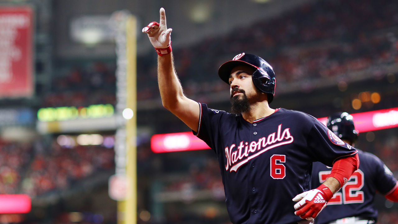 HOUSTON, TEXAS - OCTOBER 29: Anthony Rendon #6 of the Washington Nationals celebrates his two-run home run against the Houston Astros during the seventh inning in Game Six of the 2019 World Series at Minute Maid Park on October 29, 2019 in Houston, Texas.