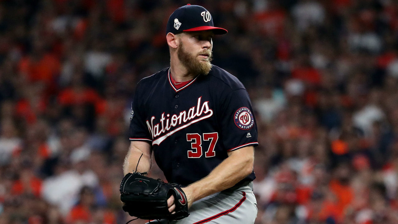 HOUSTON, TX - OCTOBER 29: Stephen Strasburg #37 of the Washington Nationals pitches during Game 6 of the 2019 World Series between the Washington Nationals and the Houston Astros at Minute Maid Park on Tuesday, October 29, 2019 in Houston, Texas.