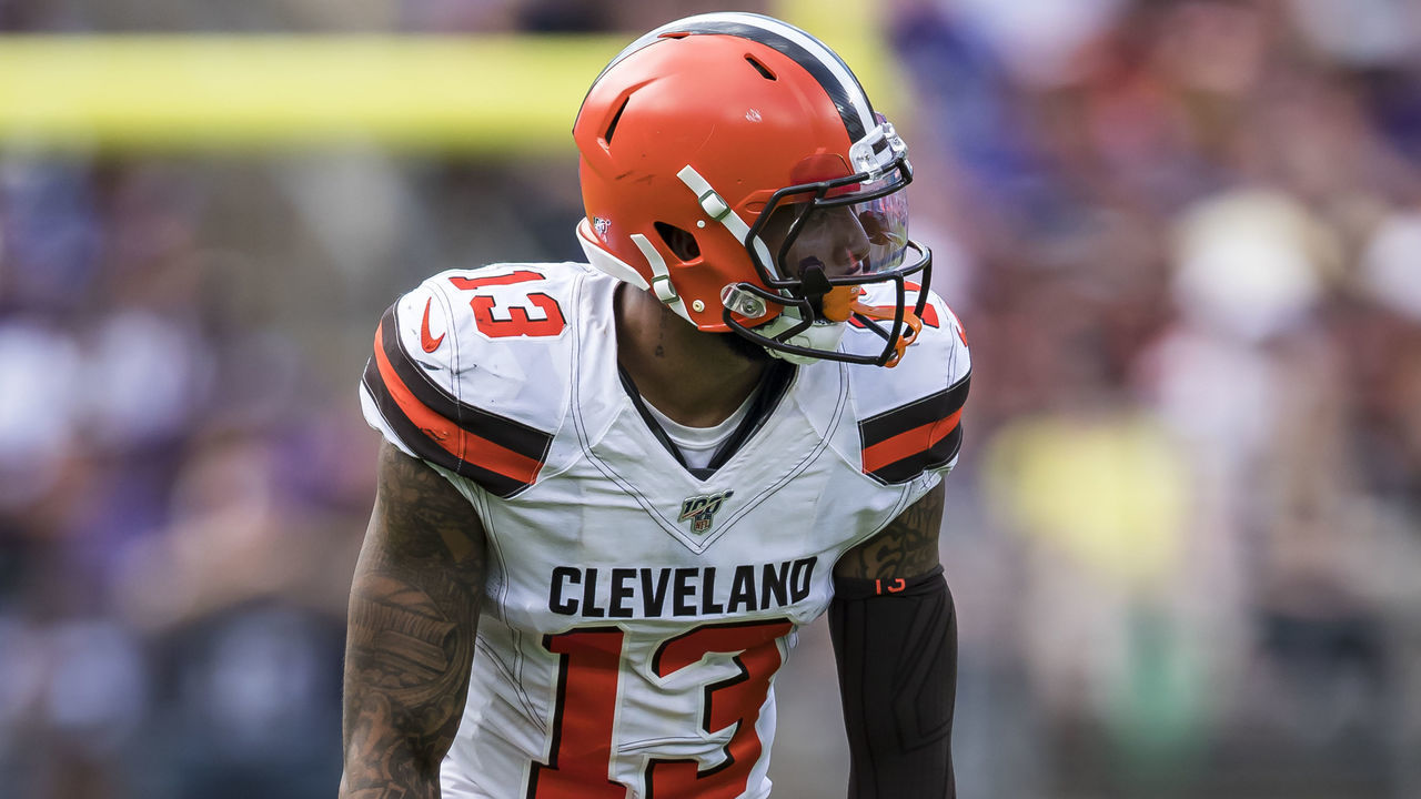 BALTIMORE, MD - SEPTEMBER 29: Odell Beckham #13 of the Cleveland Browns lines up against the Baltimore Ravens during the second half at M&T Bank Stadium on September 29, 2019 in Baltimore, Maryland.