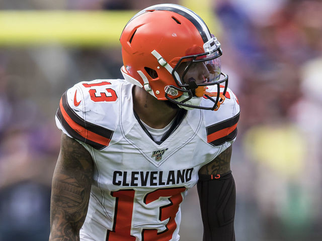 BALTIMORE, MD - SEPTEMBER 29: Odell Beckham #13 of the Cleveland Browns lines up against the Baltimore Ravens during the second half at M&T Bank Stadium on September 29, 2019 in Baltimore, Maryland.