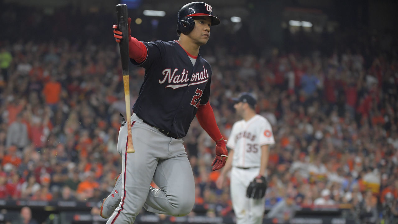 HOUSTON, TX - OCTOBER 29: Washington Nationals left fielder Juan Soto (22) hits a 5th inning solo home run to make the score 3-2 during a game between the Washington Nationals and the Houston Astros in game 6 of the World Series at Minute Maid Stadium in Houston, TX on October 29, 2019 .