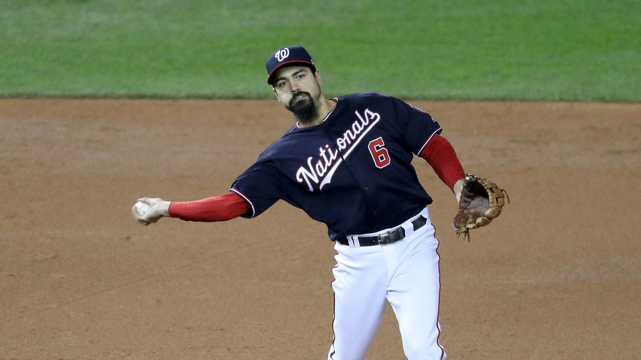 WASHINGTON, DC - OCTOBER 27: Anthony Rendon #6 of the Washington Nationals throws to first base against the Houston Astros during Game Five of the 2019 World Series at Nationals Park on October 27, 2019 in Washington, DC.