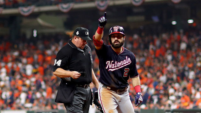 HOUSTON, TEXAS - OCTOBER 29: Adam Eaton #2 of the Washington Nationals celebrates after he hits a solo home run against the Houston Astros during the fifth inning in Game Six of the 2019 World Series at Minute Maid Park on October 29, 2019 in Houston, Texas.