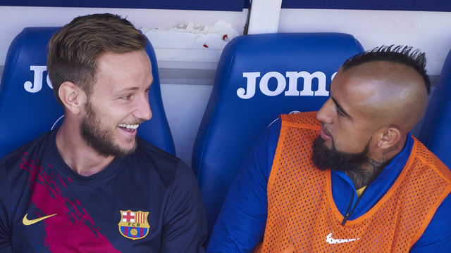 GETAFE, SPAIN - SEPTEMBER 28: Ivan Rakitic and Arturo Vidal, midfielders of FC Barcelona looks during the La Liga match between Getafe CF and FC Barcelona at Coliseum Alfonso Perez stadium on September 28, 2019 in Getafe, Spain.