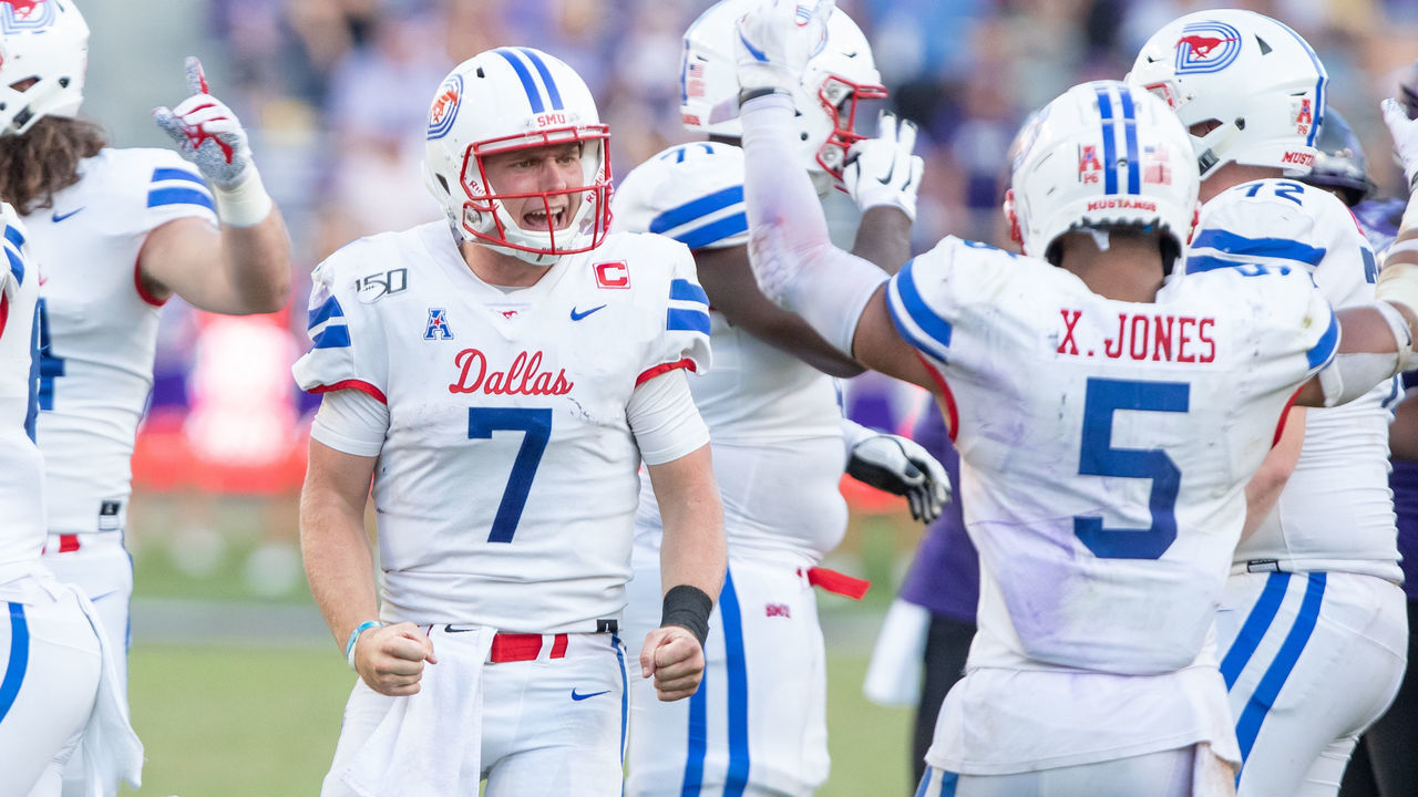 FORT WORTH, TX - SEPTEMBER 21: SMU Mustangs quarterback Shane Buechele (#7) and SMU Mustangs running back Xavier Jones (#5) celebrate as the final whistle blows during the college football game between the SMU Mustangs and TCU Horned Frogs on September 21, 2019 at Amon G. Carter Stadium in Fort Worth, TX.