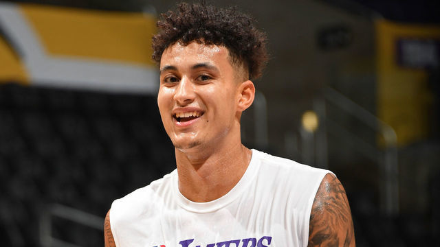 LOS ANGELES, CA - OCTOBER 29: Kyle Kuzma #0 of the Los Angeles Lakers smiles and warms up before the game against the Memphis Grizzlies on October 29, 2019 at STAPLES Center in Los Angeles, California. NOTE TO USER: User expressly acknowledges and agrees that, by downloading and/or using this Photograph, user is consenting to the terms and conditions of the Getty Images License Agreement. Mandatory Copyright Notice: Copyright 2019 NBAE