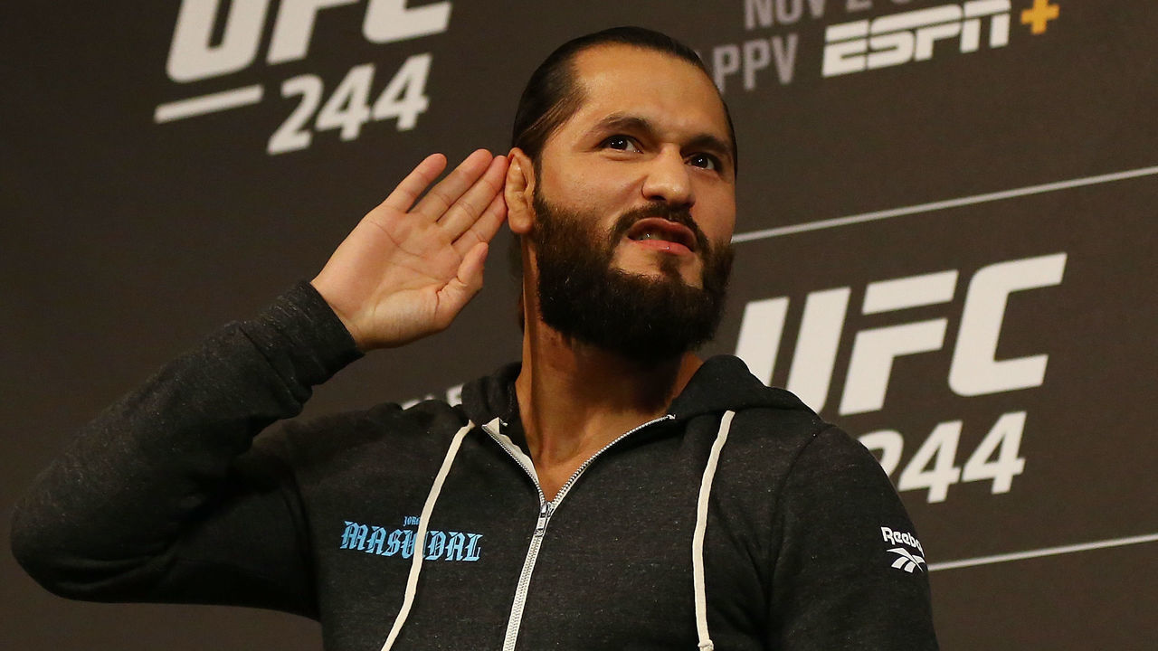 NEW YORK, NEW YORK - OCTOBER 30: UFC fighter Jorge Masvidal reacts to the crowd during open workouts for UFC 244 at The Hulu Theater at Madison Square Garden on October 30, 2019 in New York City.