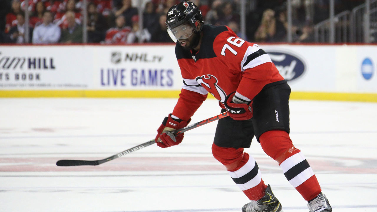 NEWARK, NEW JERSEY - OCTOBER 10: P.K. Subban #76 of the New Jersey Devils skates against the Edmonton Oilers at the Prudential Center on October 10, 2019 in Newark, New Jersey.