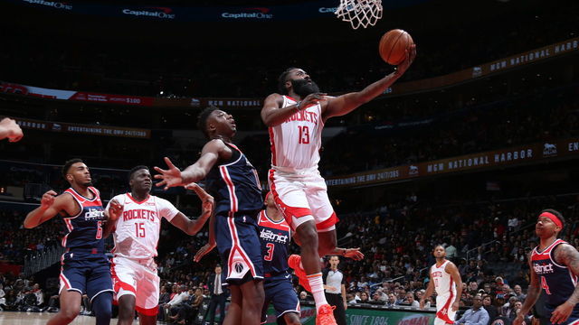 WASHINGTON, DC - OCTOBER 30: James Harden #13 of the Houston Rockets shoots the ball against the Washington Wizards on October 30, 2019 at Capital One Arena in Washington, DC. Mandatory Copyright Notice: Copyright 2019 NBAE