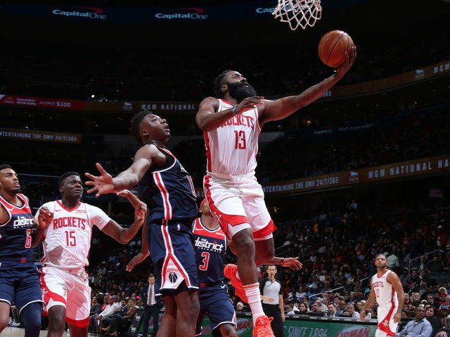 WASHINGTON, DC - OCTOBER 30: James Harden #13 of the Houston Rockets shoots the ball against the Washington Wizards on October 30, 2019 at Capital One Arena in Washington, DC. Mandatory Copyright Notice: Copyright 2019 NBAE