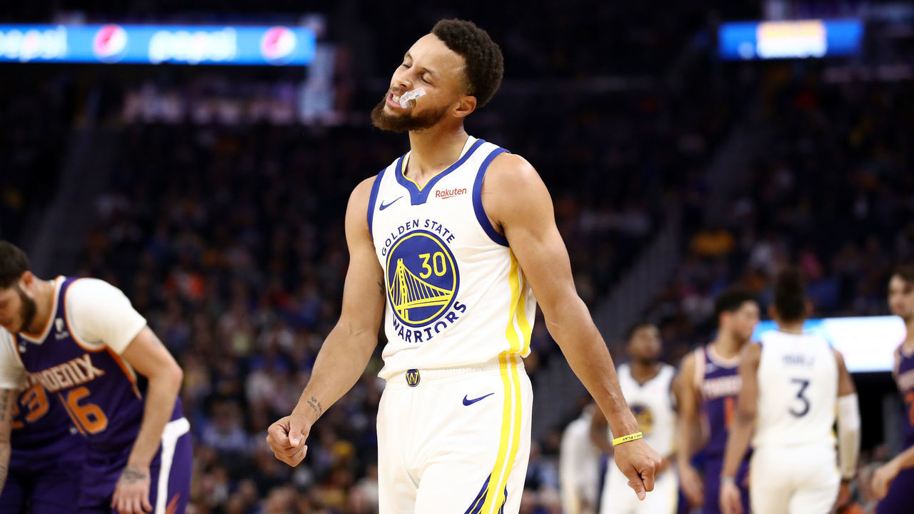 SAN FRANCISCO, CALIFORNIA - OCTOBER 30: Stephen Curry #30 of the Golden State Warriors reacts during the first half of their game against the Phoenix Suns at Chase Center on October 30, 2019 in San Francisco, California.