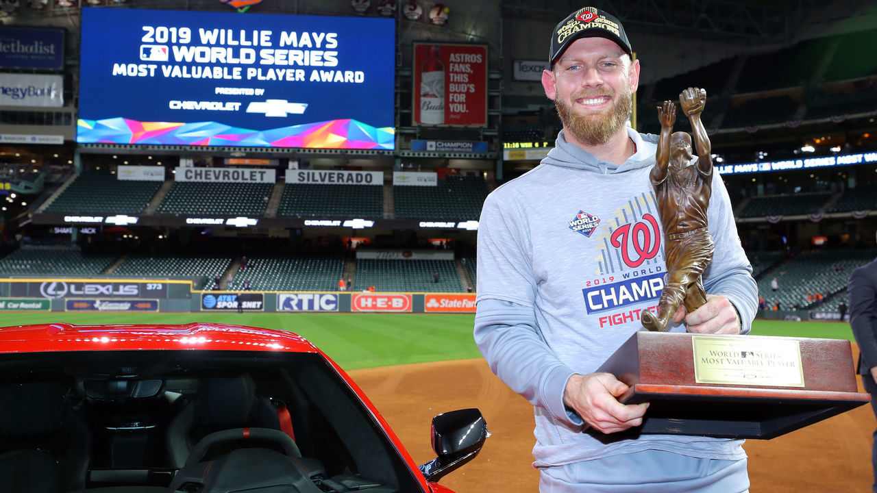 HOUSTON, TX - OCTOBER 30: Stephen Strasburg #37 of the Washington Nationals receives the 2019 Willie Mays World Series MVP award presented by Chevy after Game 7 of the 2019 World Series between the Washington Nationals and the Houston Astros at Minute Maid Park on Wednesday, October 30, 2019 in Houston, Texas.