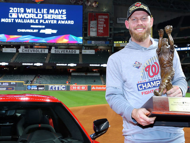 HOUSTON, TX - OCTOBER 30: Stephen Strasburg #37 of the Washington Nationals receives the 2019 Willie Mays World Series MVP award presented by Chevy after Game 7 of the 2019 World Series between the Washington Nationals and the Houston Astros at Minute Maid Park on Wednesday, October 30, 2019 in Houston, Texas.