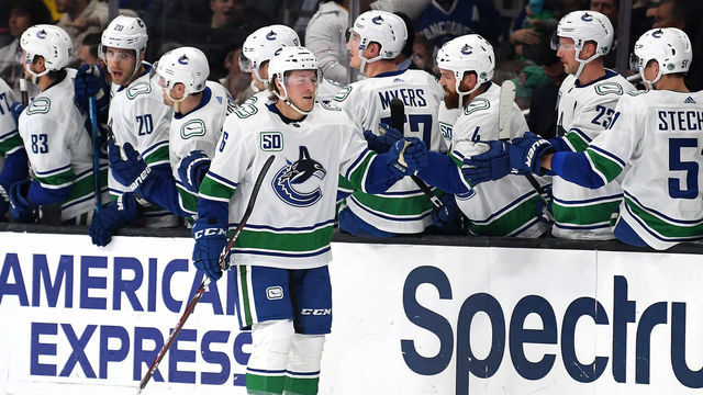 LOS ANGELES, CALIFORNIA - OCTOBER 30: Brock Boeser #6 of the Vancouver Canucks celebrates his goal with the bench, to take a 3-2 lead over the Los Angeles Kings during the second period at Staples Center on October 30, 2019 in Los Angeles, California.