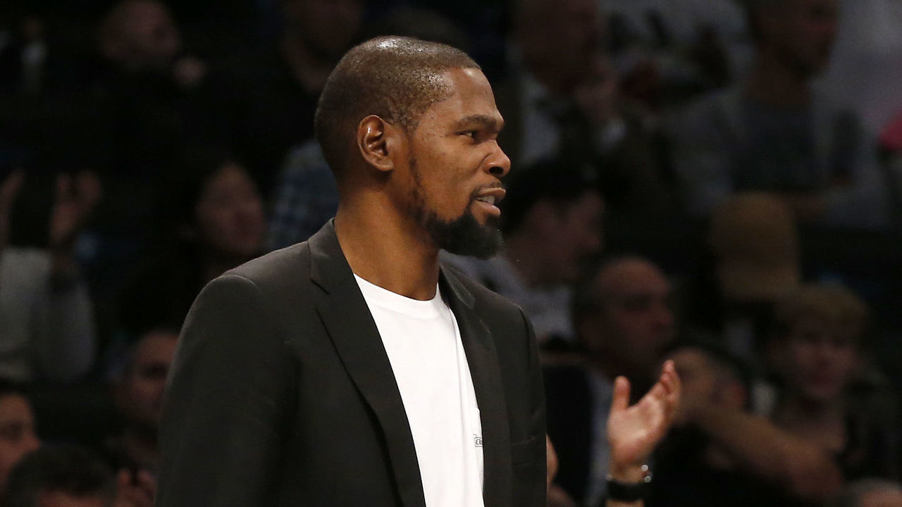 NEW YORK, NEW YORK - OCTOBER 23: (NEW YORK DAILIES OUT) Kevin Durant #7 of the Brooklyn Nets in action against the Minnesota Timberwolves at Barclays Center on October 23, 2019 in New York City.