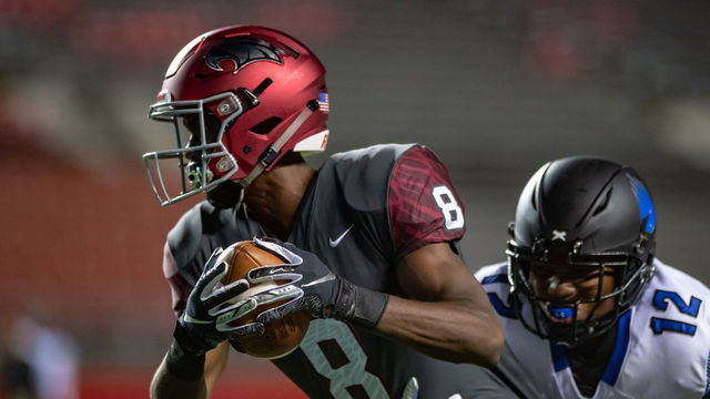 PISCATAWAY, NJ - SEPTEMBER 13: St Joseph's Prep Hawks wide receiver Marvin Harrison Jr (8) runs after a catch during the first half of the Geico ESPN High School Football Showcase game between the St. Joseph Prep Hawks and IMG Academy Ascenders on September 13, 2019 at SHI Stadium in Piscataway, NJ