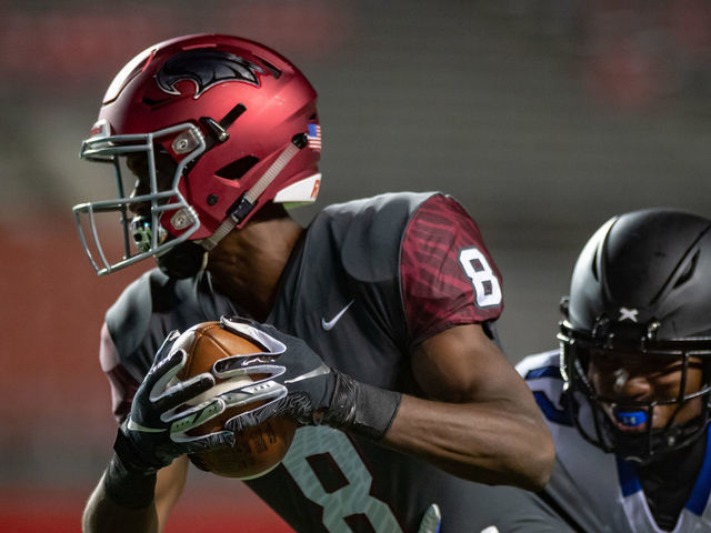 PISCATAWAY, NJ - SEPTEMBER 13: St Joseph's Prep Hawks wide receiver Marvin Harrison Jr (8) runs after a catch during the first half of the Geico ESPN High School Football Showcase game between the St. Joseph Prep Hawks and IMG Academy Ascenders on September 13, 2019 at SHI Stadium in Piscataway, NJ