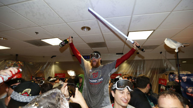 HOUSTON, TEXAS - OCTOBER 30: Sean Doolittle #63 of the Washington Nationals celebrates in the locker room after defeating the Houston Astros in Game Seven to win the 2019 World Series at Minute Maid Park on October 30, 2019 in Houston, Texas. The Washington Nationals defeated the Houston Astros with a score of 6 to 2.
