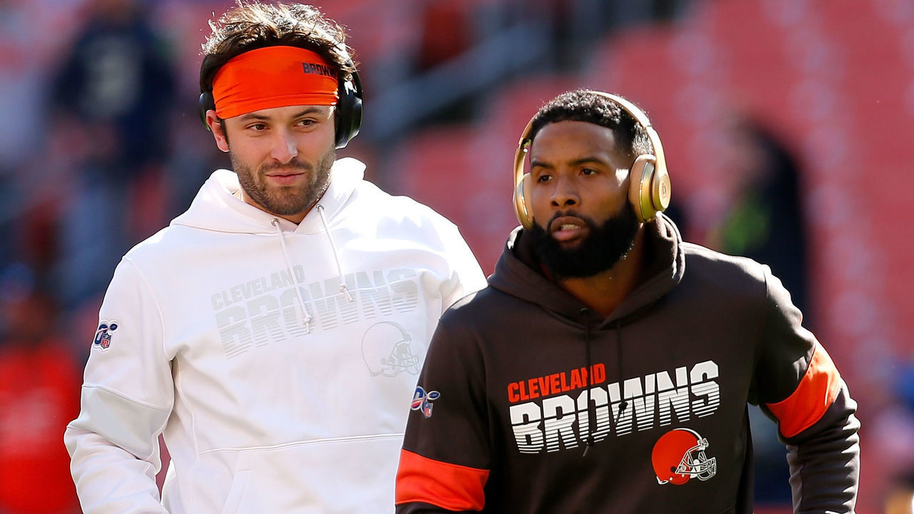 CLEVELAND, OH - OCTOBER 13: Baker Mayfield #6 of the Cleveland Browns and Odell Beckham Jr. #13 warm up prior to the start of the game against the Seattle Seahawks at FirstEnergy Stadium on October 13, 2019 in Cleveland, Ohio. Seattle defeated Cleveland 32-28.