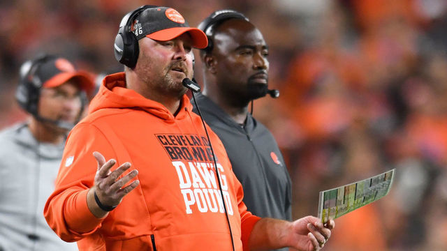 CLEVELAND, OH - SEPTEMBER 22, 2019: Head coach Freddie Kitchens of the Cleveland Browns reacts to a call in the second quarter of a game against the Los Angeles Rams on September 22, 2019 at FirstEnergy Stadium in Cleveland, Ohio. Los Angeles won 20-13. (Photo by: 2019 Nick Cammett/Diamond Images via Getty Images)
