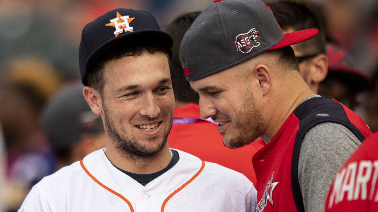 CLEVELAND, OH - JULY 08: Alex Bregman #2 of the Houston Astros talks with Mike Trout #27 of the Los Angeles Angels of Anaheim during the T-Mobile Home Run Derby during the 2019 Major League Baseball All-Star Game at Progressive Field on July 8, 2019 in Cleveland, Ohio.