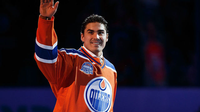 EDMONTON, AB - APRIL 6: Edmonton Oilers forward Nail Yakupov is introduced during the closing ceremonies at Rexall Place following the game between the Edmonton Oilers and the Vancouver Canucks on April 6, 2016 at Rexall Place in Edmonton, Alberta, Canada. The game was the final game the Oilers played at Rexall Place before moving to Rogers Place next season.