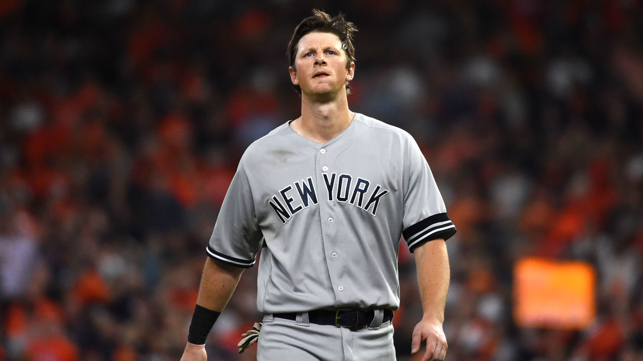 HOUSTON, TX - OCTOBER 19: DJ LeMahieu #26 of the New York Yankees reacts to grounding out during the sixth inning of Game 6 of the ALCS between the New York Yankees and the Houston Astros at Minute Maid Park on Saturday, October 19, 2019 in Houston, Texas.