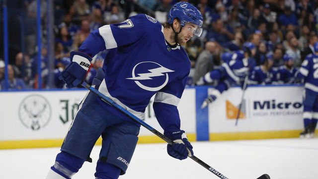 TAMPA, FL - OCTOBER 23: Tampa Bay Lightning defenseman Victor Hedman (77) skates during the NHL game between the Pittsburgh Penguins and Tampa Bay Lightning on October 23, 2019 at Amalie Arena in Tampa, FL.