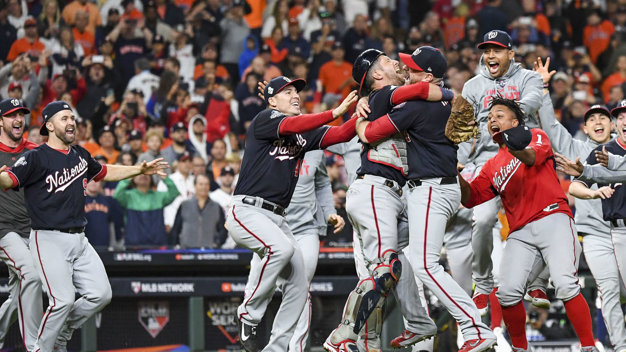 HOUSTON, TEXAS - OCTOBER 30: The Washington Nationals celebrate beating the Houston Astros 6-2 in Game 7 of the World Series at Minute Maid Park on Wednesday, October 30, 2019.