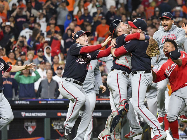 HOUSTON, TEXAS - OCTOBER 30: The Washington Nationals celebrate beating the Houston Astros 6-2 in Game 7 of the World Series at Minute Maid Park on Wednesday, October 30, 2019.